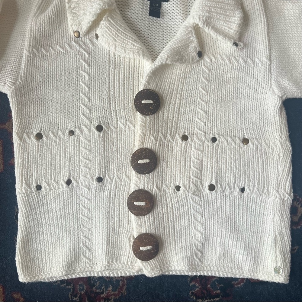Handknit Cream Cotton Knit Cardigan with Brown Buttons